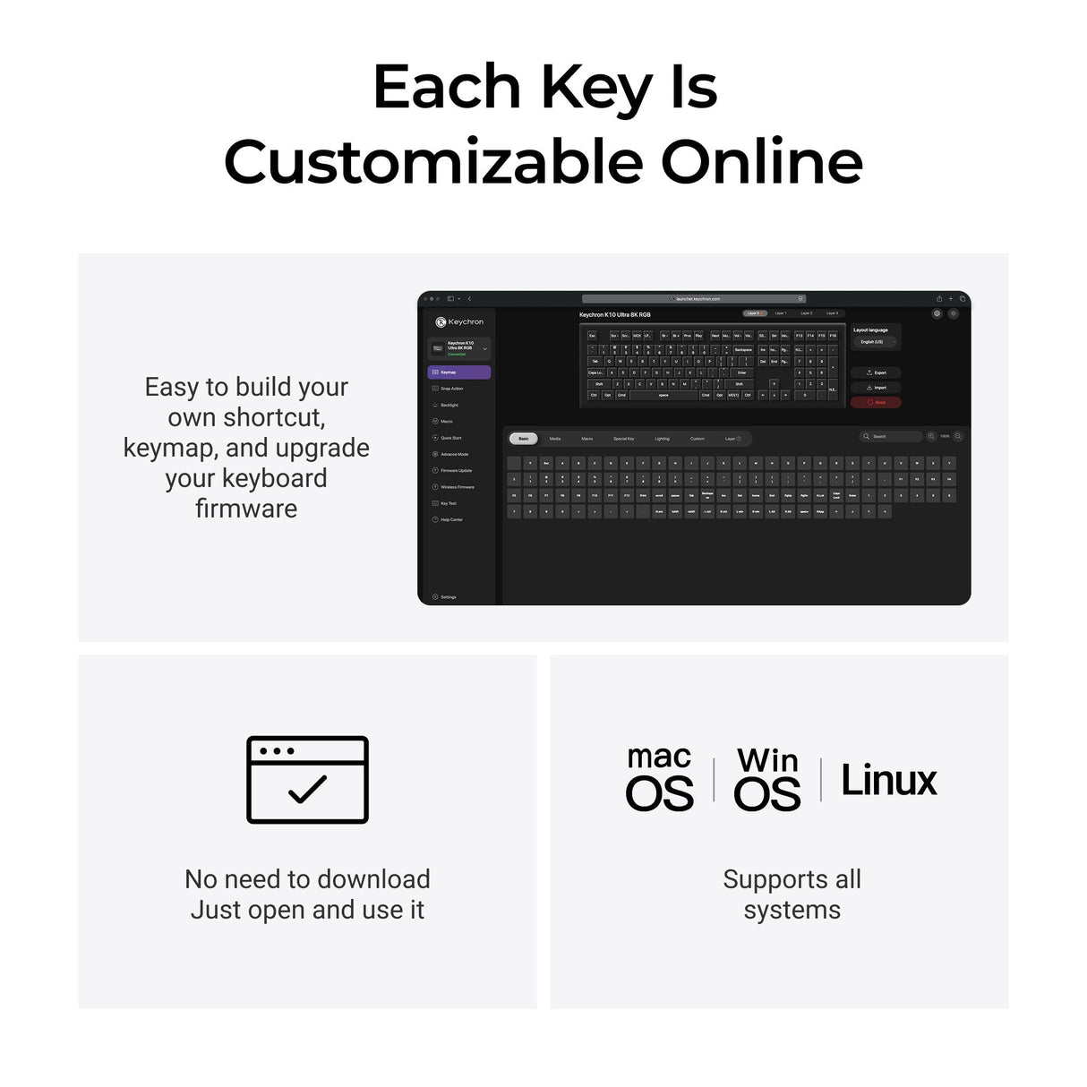 Keychron K10 Ultra 8K Wireless Custom Mechanical Keyboard customizable features online for macOS, Windows, and Linux.
